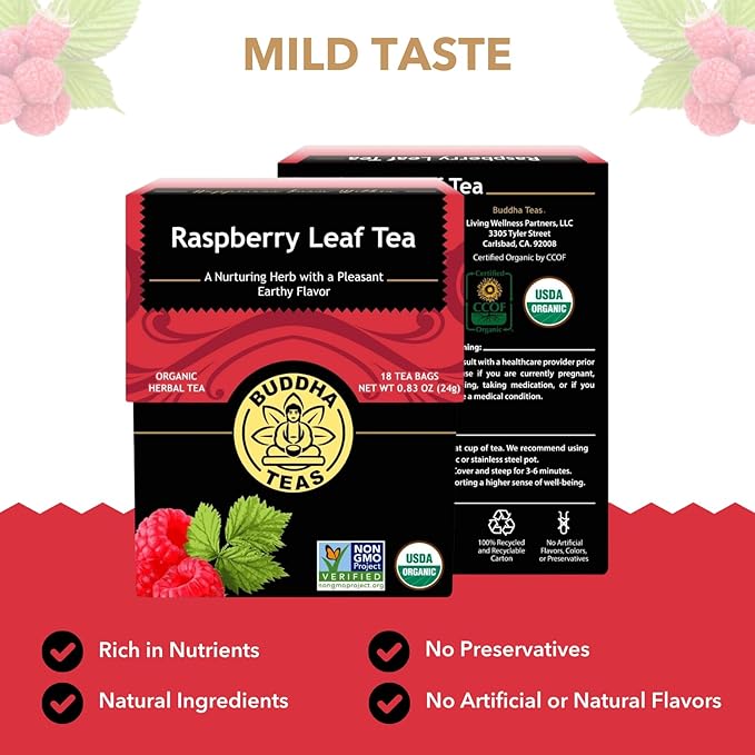 Buddha Teas - Organic Raspberry Leaf Tea - Herbal Tea - For Health & Wellbeing - With Vitamins, Antioxidants & Calcium - Clean Ingredients - Caffeine Free - OU Kosher - 18 Tea Bags (Pack of 1)