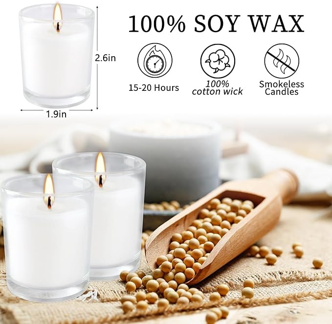 48 Pack White Unscented Clear Glass Filled Votive Candles. Hand Poured Wax Candle Ideal Gifts for Aromatherapy Spa Weddings Birthdays Holidays Party (White)