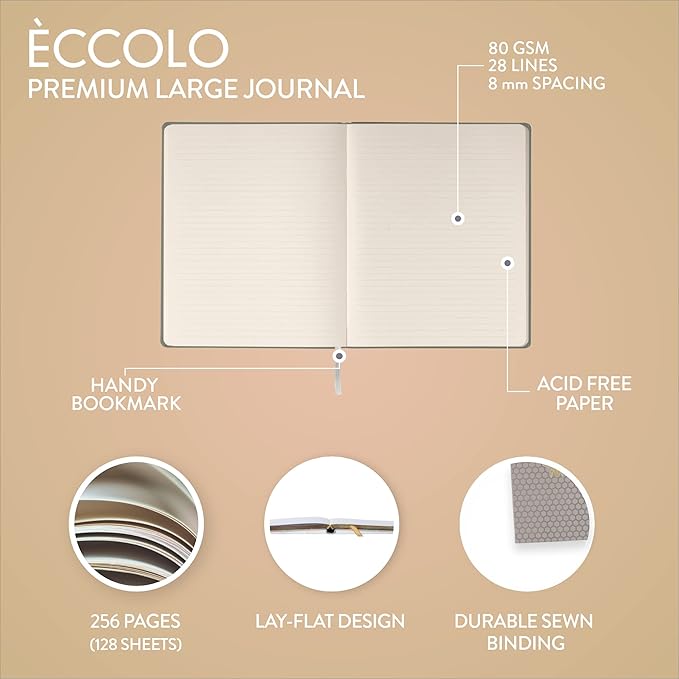 WORLD TRAVELER Eccolo Large Lined Bee Journal Notebook, Hardbound Cover, Writing Journal, 256 Ruled Ivory Pages, Ribbon Bookmark, Lay Flat, Desk Size, Gray Gold Bee (Gray, 8x10 inches)
