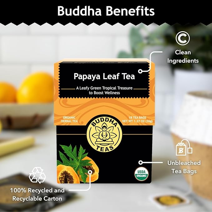 Buddha Teas Organic Papaya Leaf Tea - OU Kosher, USDA Organic, CCOF, 18 Bleach-Free Tea Bags