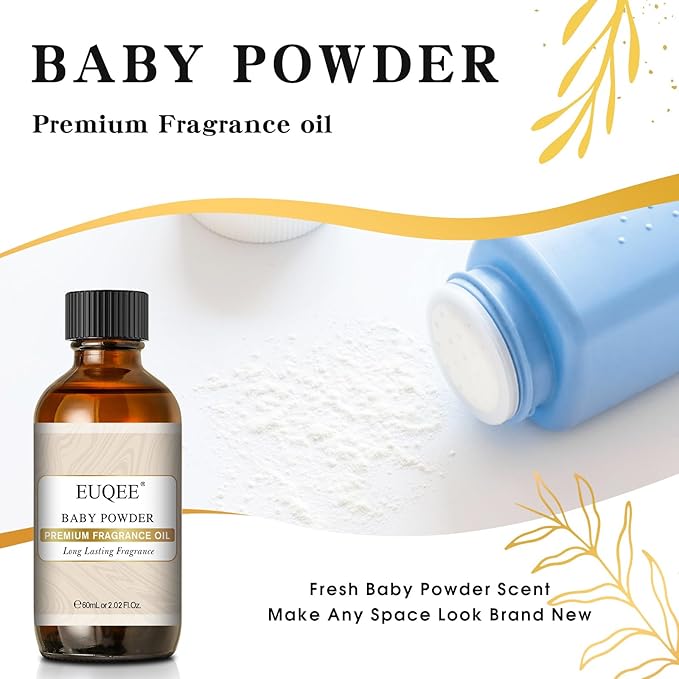 EUQEE Baby Powder Fragrance Oil Premium Fragrance Essential Oil 60ml with Glass Dropper for Aromatherapy, Candle Making, DIY Bath Bombs(2.02 Fl oz)