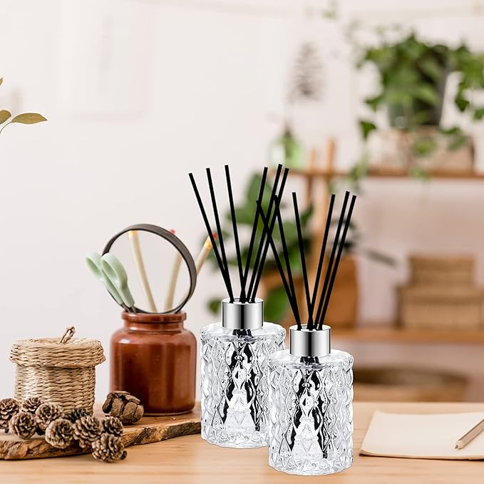Norme 4 Set Empty Reed Diffuser Bottle Set with Stick, 150ml Refillable Patterned Glass Vase with Black Rattan Reed & Cap for DIY Essential Oil, Home Fragrance, Bulk (Silver)