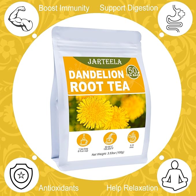 Jarteela Dandelion Root Tea - 2g Pyramid Bags, 50 Count - Raw, Non-GMO, Caffeine-Free