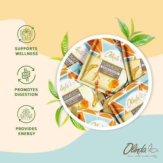 Olinda Turmeric Herbal Tea Ginger Ginseng Tea Organic Tea Bags Caffeine Free Antioxidant Rich Tea Bags 100% Pure Herbs Brew Hot 28 Tea Bags Pack of 1