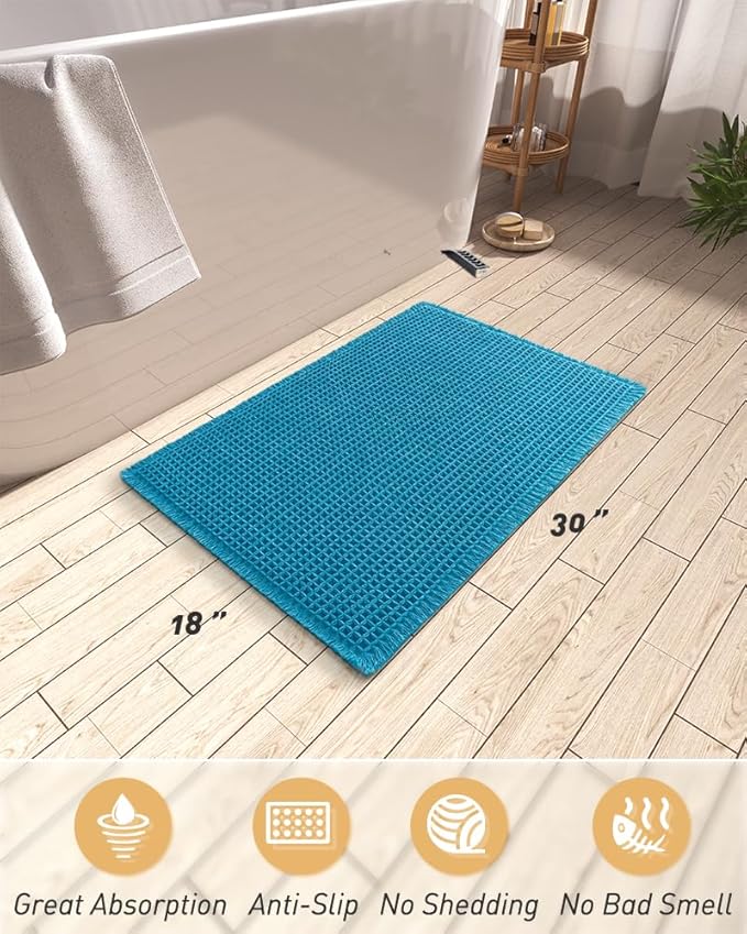 AMOAMI Upgraded Waffle Bath Mat, Super Absorbent Non Slip Bath Mats for Bathroom Floor, Machine Washable Bathroom Rugs with Tassels, Rubber Backed Bathroom Mats, Ultra Soft, 18" x 30", Teal