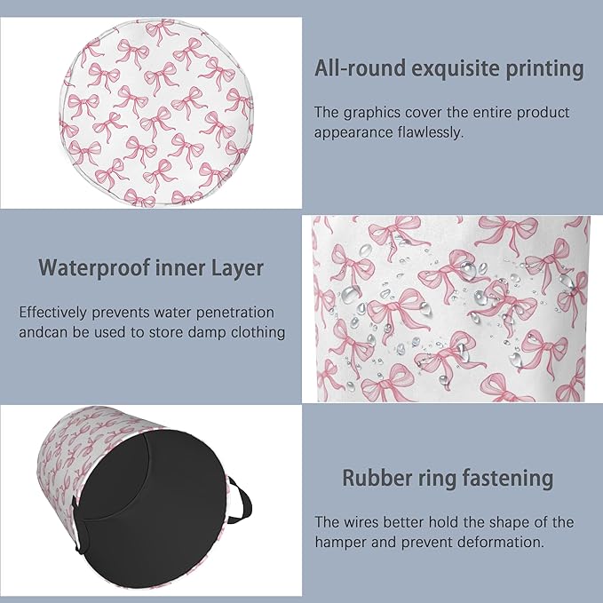 Cute Pink Bow Laundry Basket,Foldable Oxford Cloth Tote Bag Laundry Hamper Clothes Storage Bucket Organizer for Bedroom Laundry Storage Dormitories 16" x 20.8"