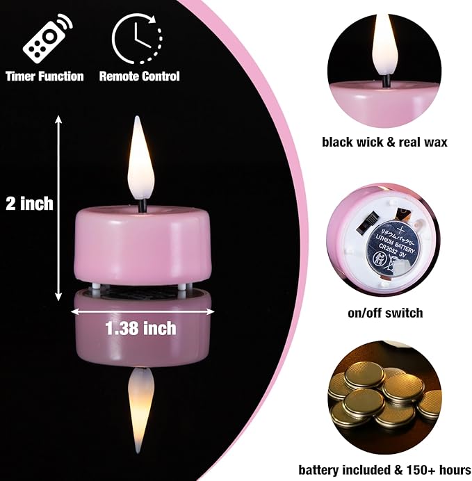 Eywamage Pink Flameless Wax Tealights with Remote Timer, Flickering Colored LED Battery Tea Votive Candles Set of 10