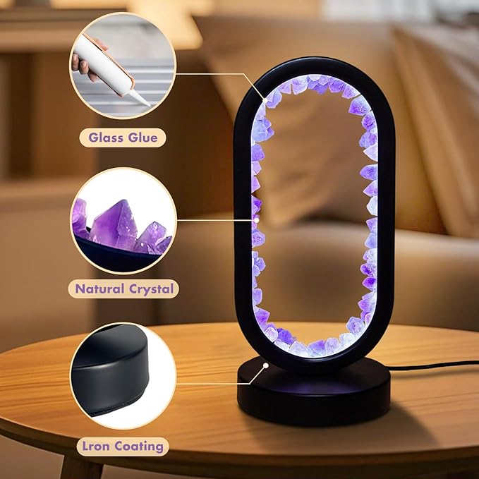Healing Crystal Night Light,3 Colors Ambient Lighting USB Dimming Healing Crystal Table Lamp,Natural Energy Crystal Decor for Bedroom Home Dating Gift (Purple, Ellipse)