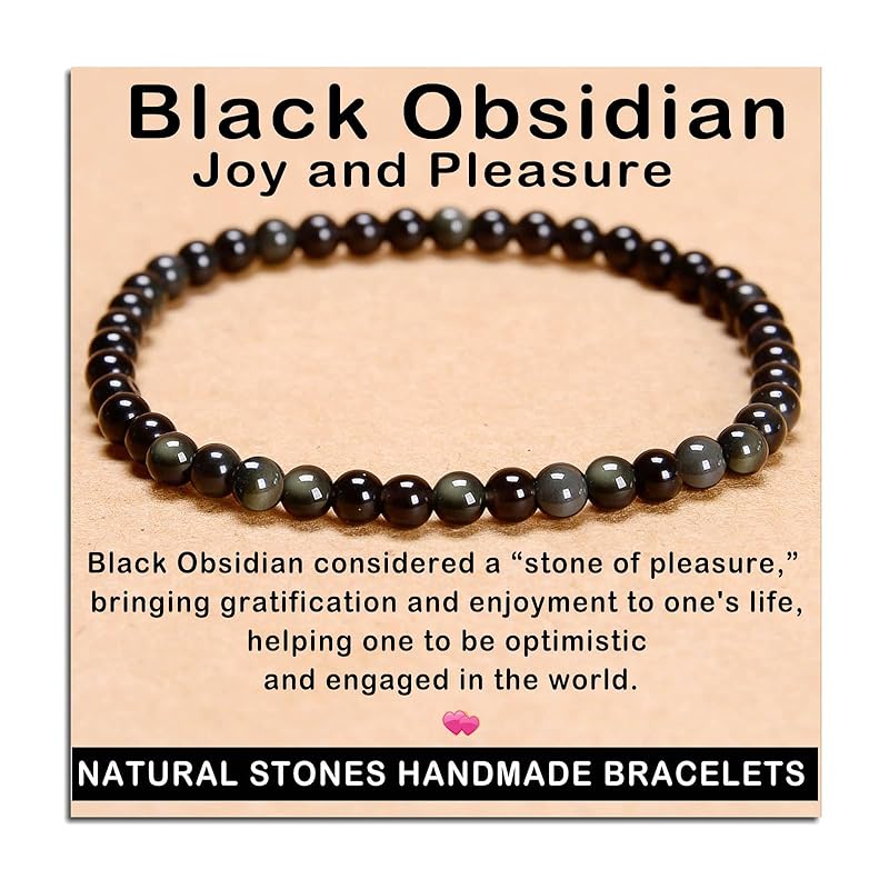 AD Beads Handmade Gemstone Stretch Elastic Bracelet Crystal Healing Reiki Nature's Beauty and Spiritual Essence Unisex (4mm, Black Obsidian (Pleasure))