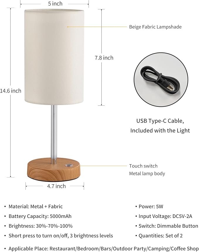 KDG Simple Cordless Table lamp, Portable Bedside 5000mAh LED Desk Lamp, 3 Brightness Levels Emergency Light, Linen Lampshade for Living Room, Bedroom, Dining Room, Night Light (Silver)