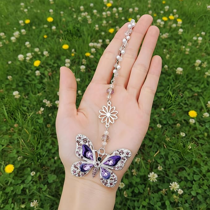 Car Mirror Hanging Accessories - Purple Butterfly Crystal Rhinestone Pendant for Rear View Mirror, Cute Car Interior Accessory for Women, Gift for Driver Mom Friends