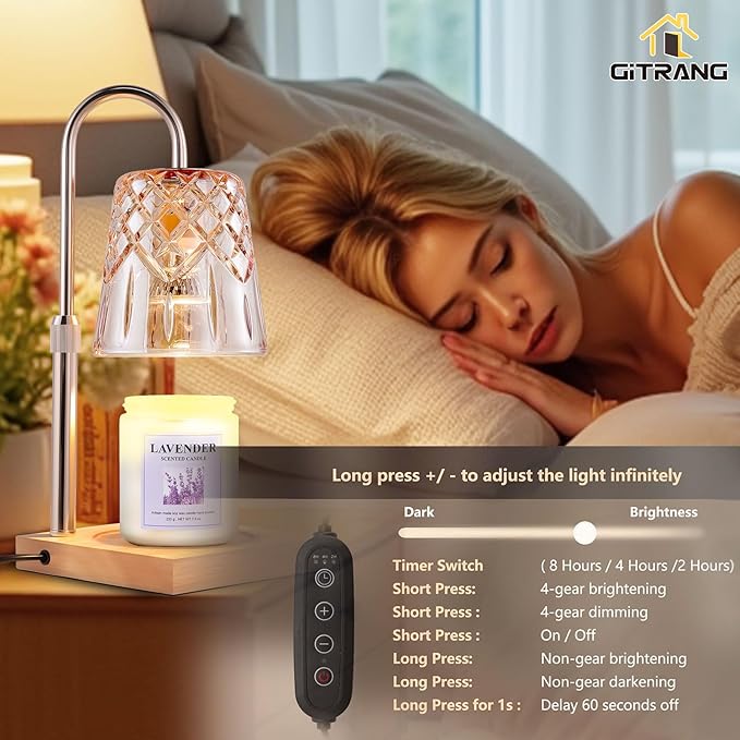 Candle Warming Lamp with Timer Dimmer, Adjustable Height Electric Wax Melt Warmer for Jar Candles with 3 Bulbs, Mother's Day Women's Home Decor Gift, Champagne Color Pole with Square Base