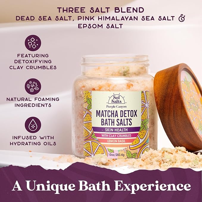 Purple Canyon SolSalts Matcha Detox Bath Salts with Clay Crumbles | Lemon Basil Scented Soak with Green Tea & Grape Seed Oil