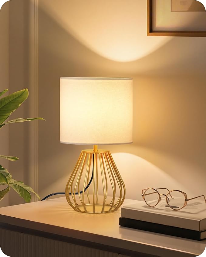 Bedside Table Lamp, Small Table Lamp with Teardrop Cage Linen Lampshade, Modern Nightstand Lamp, Small Cute Desk Lamp for Bedroom, Living Room, 2700K LED Bulb Included, Gold DCW06TL05