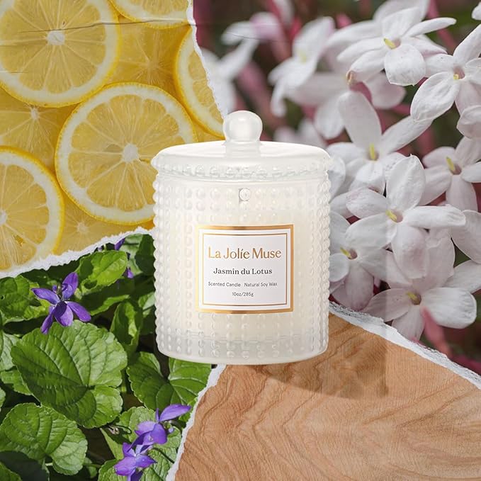 LA JOLIE MUSE Jasmine du Lotus Scented Candles - Ivy, Jasmine, Cedarwood | 10 oz Natural Soy Wax | 55 Hours Clean Burn | Floral Scented Candle | Gift-Ready for Hosts & Gatherings