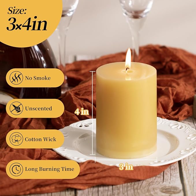 KONNI Mustard Yellow Pillar Candles Set of 3, 3"x 4" Unscented Pillar Candles Bulk, 39 Hours Long Burning Candles, Smokeless&Dripless Large Round Candle for Wedding, Home Decoration, Parties