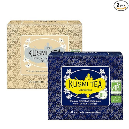 Kusmi Tea - Pack of 2 Boxes of Tea Bags - Anastasia + Bouquet of Flowers No.108 - Organic Black Tea with Bergamot + Organic Black Earl Grey Tea with Bergamot and Ylang-Ylang - 2x20 Tea Bags
