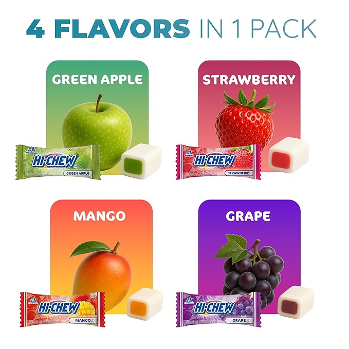 HI-CHEW Assorted Bulk Candy Bag, Green Apple Strawberry Mango Grape, Soft & Chewy Candy 2lb - 185+ Pieces Individually Wrapped - Made with Immensely Juicy Fruity Flavors