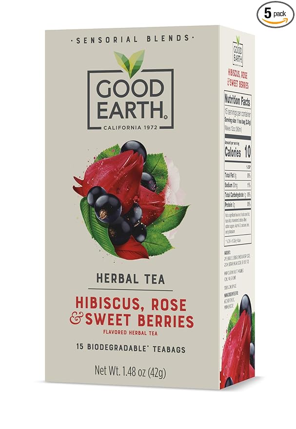Good Earth Sensorial Blend Flavored Herbal Tea Hibiscus, Rose and Sweet Berries, No Artificial Color, No Preservatives, 15 Bag (Pack of 5)