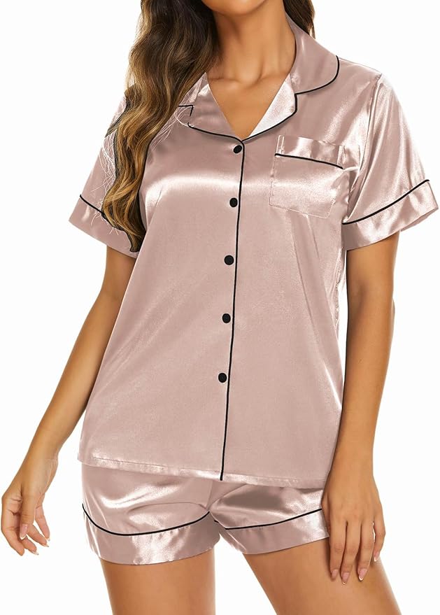 Ekouaer Silk Pajamas for Women Short Sleeve Sleepwear Soft Button Down Loungewear 2 Piece Satin Pjs Shorts Set S-XXL