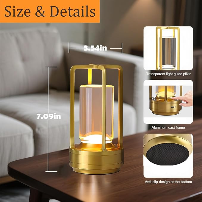 Crystal Lantern Lamp – 4000mAh Rechargeable Battery Operated Cordless Crystal Table Lamp with 3 Colors, Portable Desk Lamp for Indoor & Outdoor Patio, Camping, Restaurant (Gold, 2Pack)