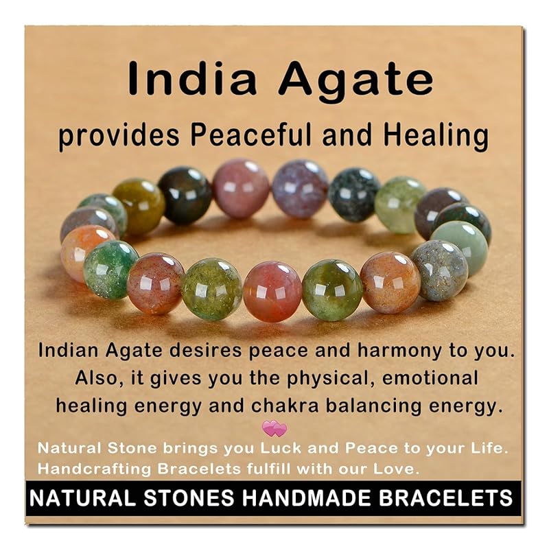 AD Beads Handmade Gemstone Stretch Elastic Bracelet Crystal Healing Reiki Nature's Beauty and Spiritual Essence Unisex (12mm, Indian Agate)