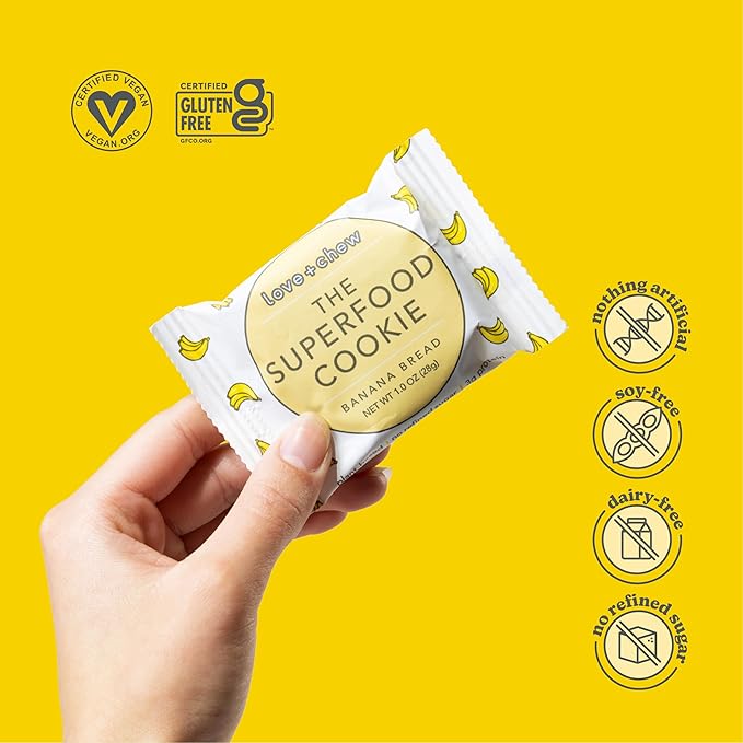 Love + Chew Soft Baked Protein Cookies, Gluten Free | (18) Count Banana Bread Minis | Vegan, Paleo, Non GMO and Packed with Superfoods. - Individually Wrapped, and Made from High Protein Almonds - (1) Ounce Cookies