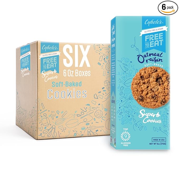 Cybele’s Free To Eat Gluten-Free & Vegan Cookies - Plant-Based, Dairy, Soy, & Nut Free - Soft-Baked School Safe Snack For Kids & Adults - 12 Cookies Per 6 oz Box (Oatmeal Raisin, Pack of 6)