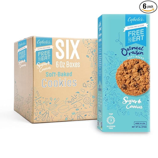Cybele’s Free To Eat Gluten-Free & Vegan Cookies - Plant-Based, Dairy, Soy, & Nut Free - Soft-Baked School Safe Snack For Kids & Adults - 12 Cookies Per 6 oz Box (Oatmeal Raisin, Pack of 6)