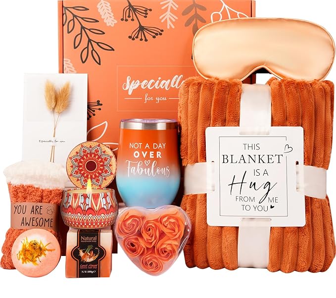 Fall Gifts for Women Orange,Halloween, Birthday Gifts for Mom Her Wife Friend w/Fall Candle,Fall Home Decor,Self Care Get Well Gifts Spa Set, Christmas Thanksgiving Halloween,Boo Basket Gifts Box Cozy