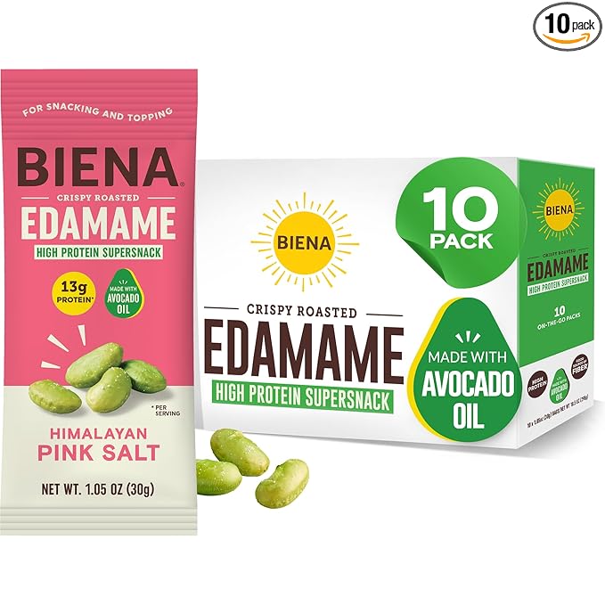 Biena Crispy Roasted Edamame Beans Snack – High Protein Low Carb Snack for Adults & Kids, 13g Protein per Serving - Made w/Avocado Oil – Vegan, Gluten-Free – 10-Pack, 1.05oz Bags, Himalayan Pink Salt