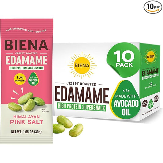 Biena Crispy Roasted Edamame Beans Snack – High Protein Low Carb Snack for Adults & Kids, 13g Protein per Serving - Made w/Avocado Oil – Vegan, Gluten-Free – 10-Pack, 1.05oz Bags, Himalayan Pink Salt
