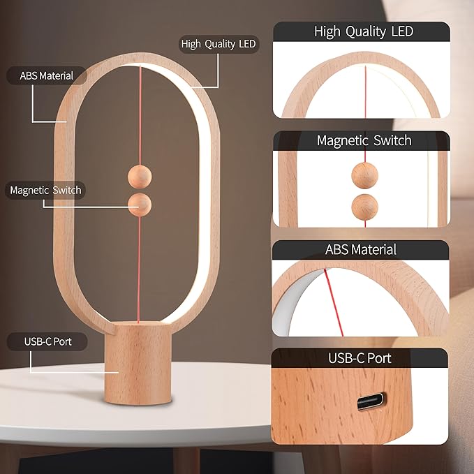 Heng Balance Light, USB Powered LED Table lamp, Creative, Magnetic Switch Night Light, dimmable Eye Protection Table lamp, Used for Gifts, Decoration Bedside, Dormitory and Office(Wood Grain)