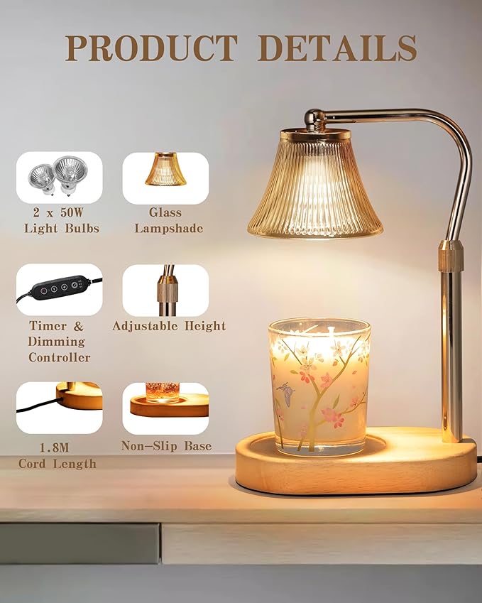 Candle Warmer Lamp, Candle Lamp Warmer with Timer & Dimmer, Adjustable Height, with 2 Bulbs, House Warming Home Bedroom Decor Birthday Gifts for Women Mom