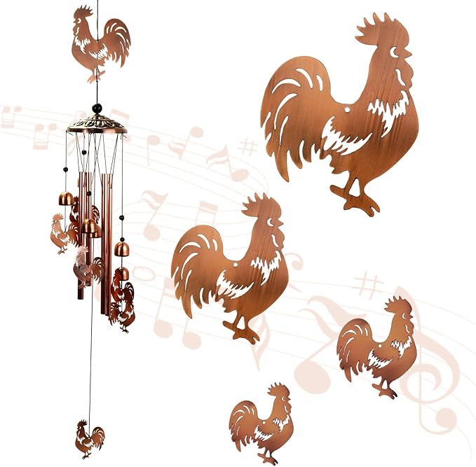 Copper Tone Animal Wind Chimes for Outdoors/Indoors - Rooster Designs - Garden, Patio, Yard, Home Decor, for Women, Men, Mom, Birthday, Memorial, Housewarming (Rooster)