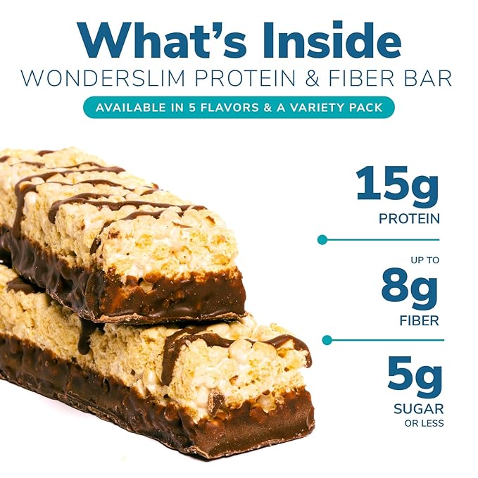 Wonderslim High Fiber Protein Bars, Fluffy S'more Crisp | 15g Protein, 8g Fiber | Low Sugar, Low Carb | Healthy Indulgence | Satisfying, Supports Energy & On-the-Go Convenience, 7 Pack