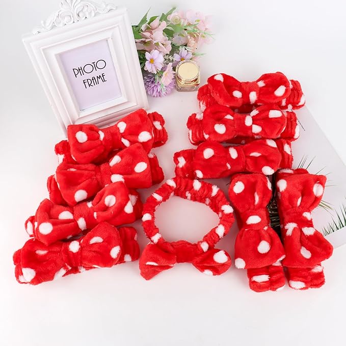 10 Pcs Red Dot Makeup Headbands, Spa Gifts for Women Girls, Soft Coral Fleece Skincare Headband, Bow Hair Bands, Beauty Headbands for Face Washing Shower Skin Care Yoga