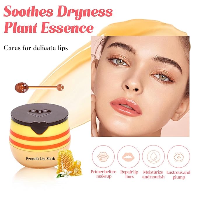 4PCS Bee Lip Balm Honey Pot，Honey&Strawberry&Watermelon&Apple Lime Lip Mask Overnight Propolis Moisturizing Lip Balm Hydrating Prevention Dry and Crack Lip Scrubs Exfoliator Lip Wrinkle Care