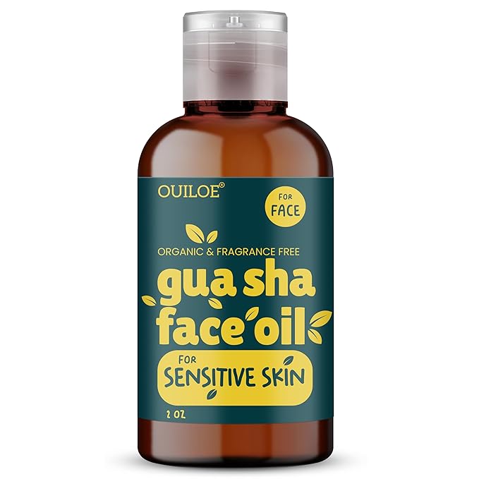 Gua Sha Oil for Sensitive Skin - Face Oil Gua Sha Massage - Lymphatic Anti Aging Facial Massage Oil - Safe for Acne Prone Skin, Non Comedogenic, Fragrance Free, Natural & Non Greasy, 2oz