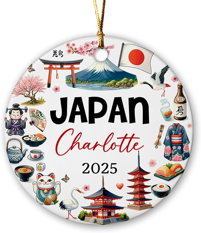 Japan Culturally Artistic Ceramic Ornament Xmas 2025, Personalized Japan Landmark Christmas Ornament, Japan Travel Souvenir Xmas Tree Ceramic Ornament, Custom Name Tokyo City Christmas Keepsake Decor