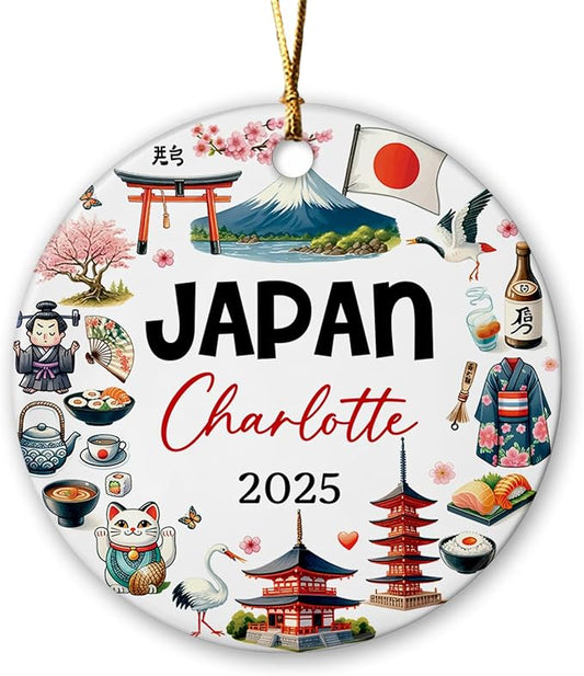 Japan Culturally Artistic Ceramic Ornament Xmas 2025, Personalized Japan Landmark Christmas Ornament, Japan Travel Souvenir Xmas Tree Ceramic Ornament, Custom Name Tokyo City Christmas Keepsake Decor