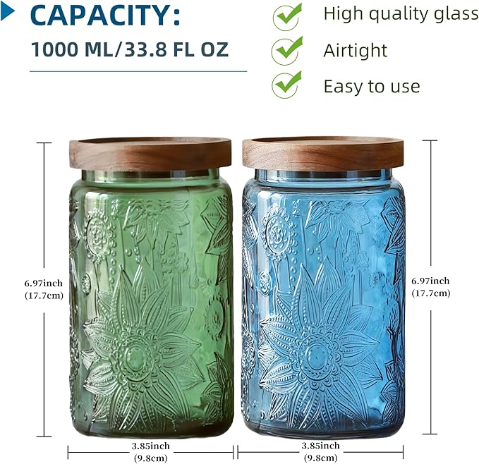 ANSQU Vintage Glass Storage Jar with Lid - 34 oz Mason Jar for Kitchen & Bathroom - Containers for Coffee, Tea, Cookies, Candy, Nuts, Pet Food, Bath Salts - Decorative Pantry Organizer (Blue & Green)