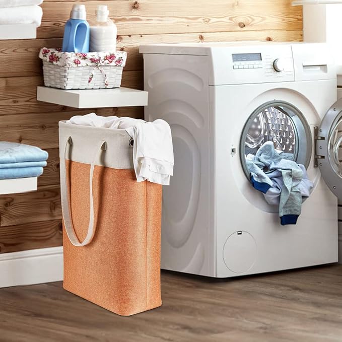 i BKGOO Laundry Basket with Handles Beige&Orange Slim Laundry Bin Collapsible Dirty Clothes Basket Narrow Laundry Bag Foldable Dirty Hamper for Camping, Dorms, Apartments