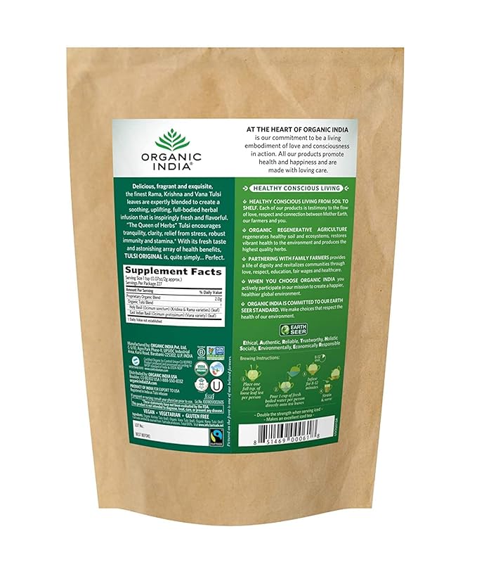 Organic India Tulsi Original Loose Leaf Herbal Tea - Immune Support, Vegan, Gluten-Free, Kosher, USDA Certified Organic, Non-GMO, Caffeine-Free, Healthy Stress-Relief & Uplift Mood - 1 lb Bag