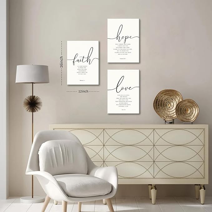 Farmhouse Bible Verses Wall Decor for Living Room - Minimalist Christian Scripture Wall Art Set of 3, Faith Hope Love Canvas Prints Religious Decor for Bedroom Office 12x16 inch Framed