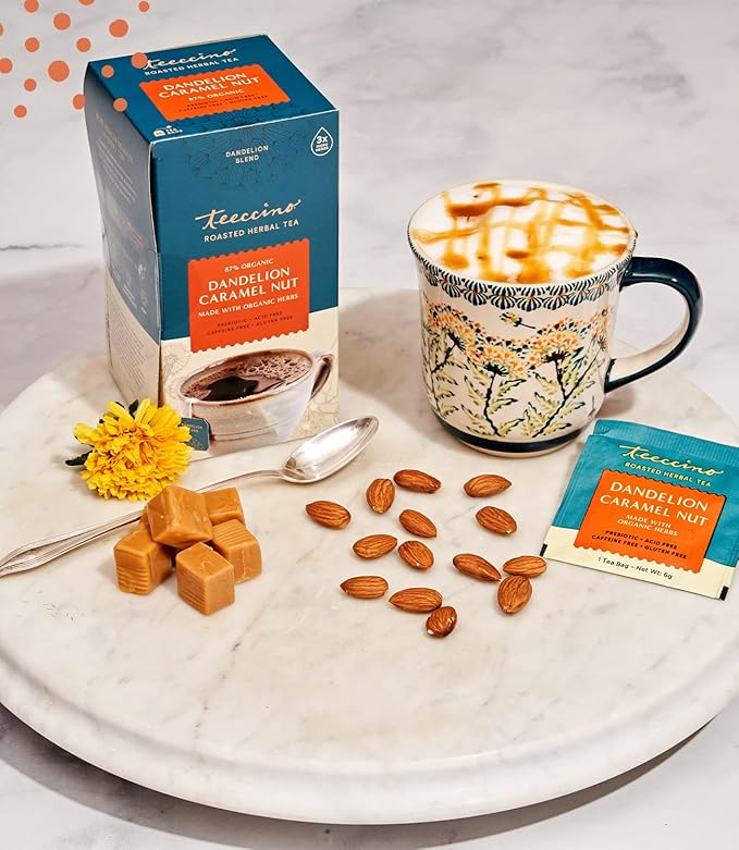 Teeccino Dandelion Tea – Caramel Nut - Roasted Herbal Tea | Organic Dandelion Root | Prebiotic | Caffeine Free | Gluten Free | Acid Free, Coffee Alternative, 10 Tea Bags