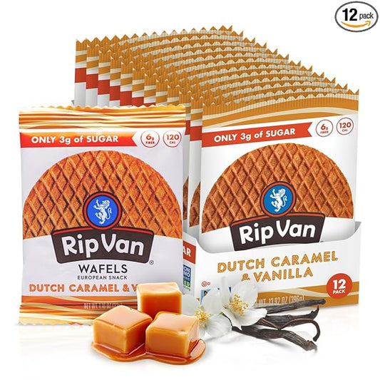 Rip Van Wafels Dutch Caramel & Vanilla Stroopwafels, Healthy Snacks, Non-GMO, Low Calorie, Low Sugar (3g), Office Snacks, Keto Friendly, 12 Count