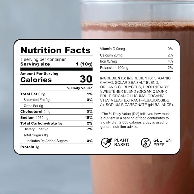 Know Brainer Purest Electrolyte Chocolate Cordyceps Powder Packets – Whole Food Hydration - Fermented Cacao and Solar Sea Salts for Ultimate Electrolyte Balance