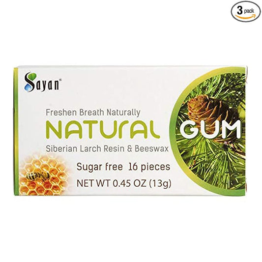 Sayan Sugar Free All Natural Gum, Siberian Larch Tree Resin and Beeswax Chewing Gum for Fresh Breath, Vegetarian, Non-GMO, No Sugar, Gluten Free, Aspartame Free, No Preservatives - 3 Packs (48 Pieces)