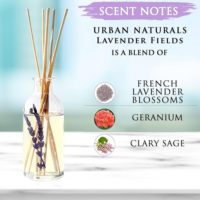 Urban Naturals Lavender Fields Oil Essential Oil Reed Diffuser Set with Real Lavender Stems! French Blossoms, Geranium & Clary Sage | #1 Gift Idea for Aromatherapy & Stress Relief | Vegan | USA Made